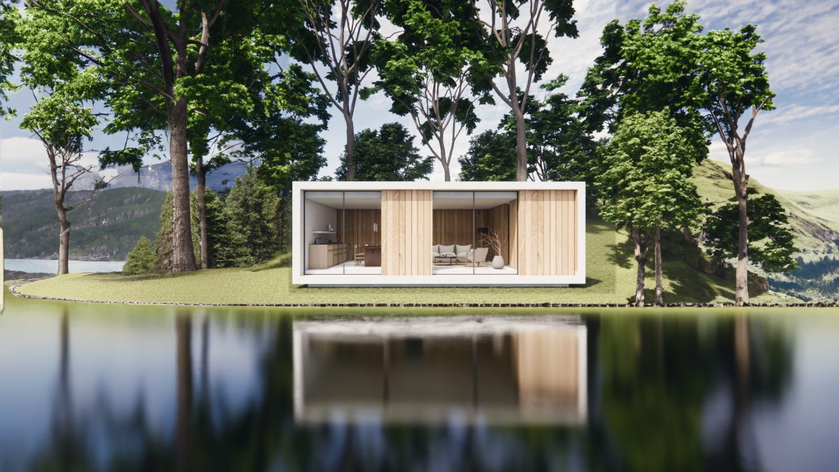 ノルウェーの湖畔に佇むクラシカルな平屋。白を基調に木壁をアクセントとした、洗練されつつ温かみのあるボックス型の平屋。一面に広がる大きなガラスサッシが四季折々の景観を室内へと取り込み、シンプルさの中に機能美が光り、気品を感じる空間に。